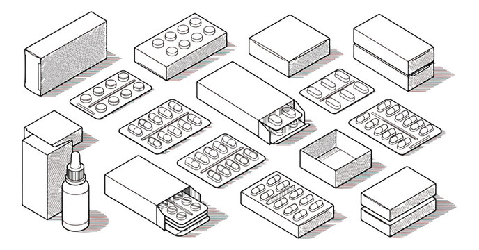 Isometric medical packaging vector set, pharmaceutical pill boxes and blister packs, black and white line art medicine containers for healthcare design