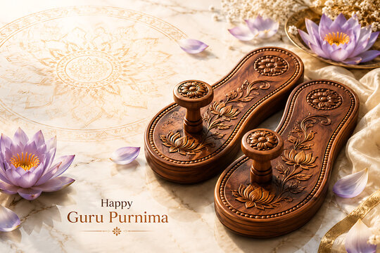 Elegant carved wooden paduka with lotus flowers celebrating guru purnima hindu religious festival spiritual tribute background for devotion tradition blessing ceremony artwork illustration