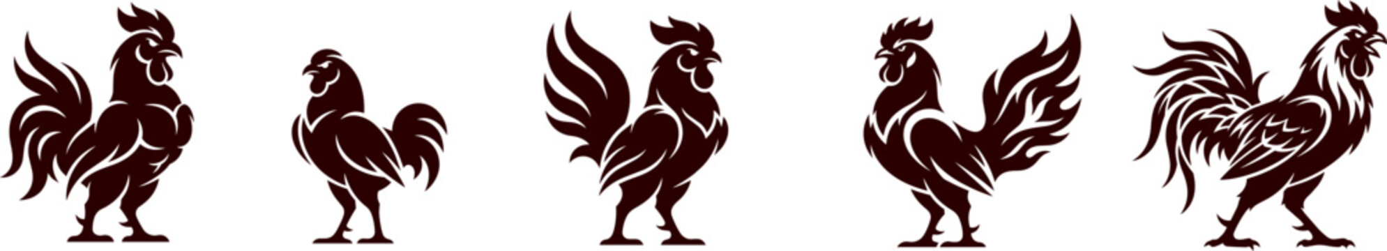 Set of dark brown rooster silhouettes and cockerel outlines for farm logos or rustic vector designs isolated on white background