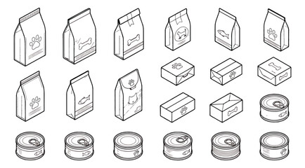 Isometric pet food icons set, 18 outline vector elements of animal feed bags, canned food tins and treat boxes for pet shop branding © muhammad