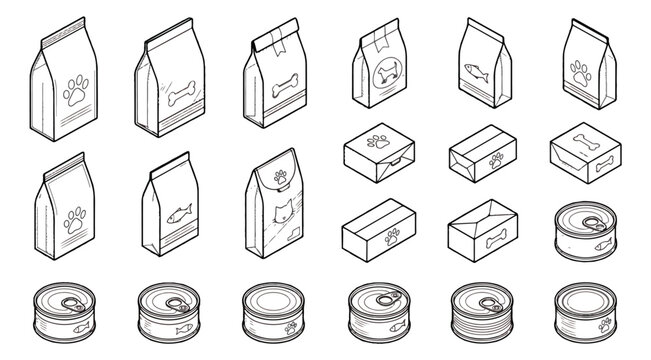 Isometric pet food icons set, 18 outline vector elements of animal feed bags, canned food tins and treat boxes for pet shop branding
