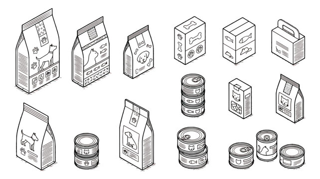 Isometric pet food packaging vector set, line art dog and cat food bags and cans, 14 pet supply icons for pet shop inventory and retail store design