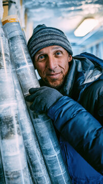 Climatologist analyzing deep ice core samples in a freezing storage locker with cinematic daylight