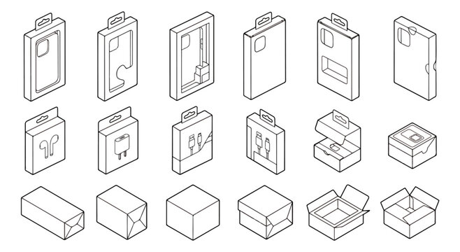 Isometric packaging box vector set, retail product cardboard boxes with window for phone accessories, 18 technical line art mockups for branding and shipping