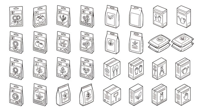 Isometric gardening seed packets and fertilizer bags vector set, black and white line art garden supply icons, 28 agricultural product packaging elements