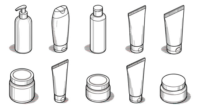 Isometric cosmetic packaging vector set, 10 white beauty product mockups, blank skincare bottles and tubes, 3D line art containers for branding
