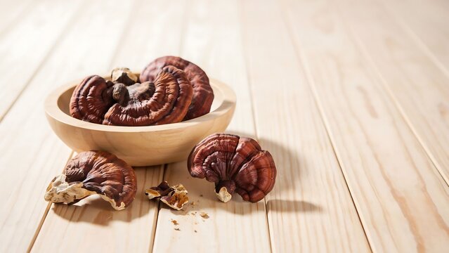 Dried ganoderma lucidum reishi mushrooms in a wooden bowl on a light colored wooden table surface