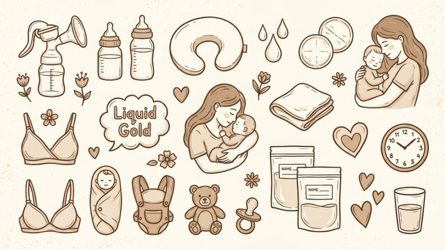 Breastfeeding Motherhood Illustration Set Breast Pump Bottles Nursing Pillow Mother Baby Carrier Pacifier Milk Storage Hand Drawn