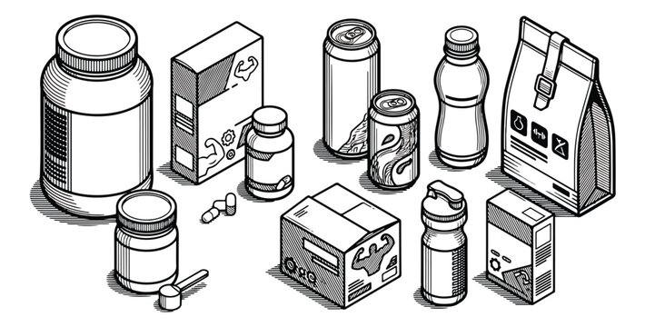 Isometric sports nutrition packaging set, fitness supplement bottle and protein powder jar vector, black and white gym food product mockups