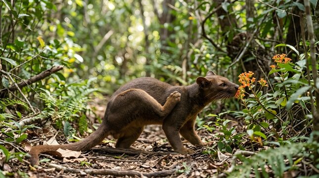 A fossa standing in a forest environment sniffing orange flowers