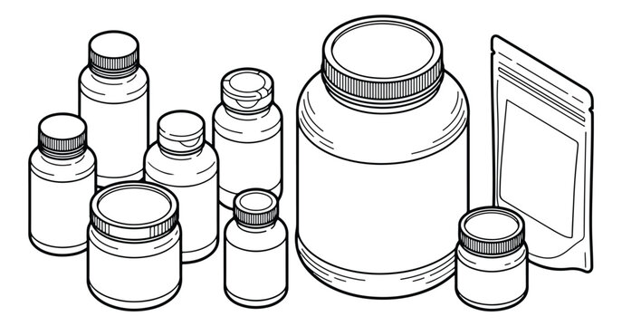 Isometric supplement bottle vector set, blank medicine container mockups with protein jar and pouch, black and white pharmaceutical packaging icons