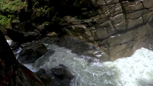 Powerful Whitewater River in Rocky Ecuador Gorge, Tropical Forest Canyon, Dark Stone Walls and Freshwater Adventure Nature Landscape