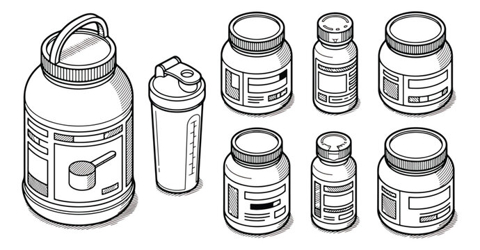 Isometric fitness supplement icons, sports nutrition protein jars and shaker bottle set, bodybuilding dietary supplement containers vector