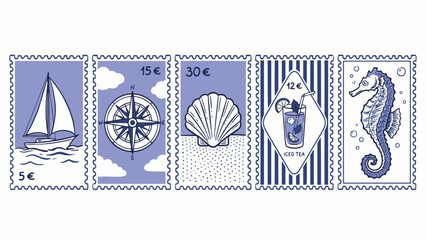 Nautical themed illustrated postage stamps with sailboat compass seashell iced tea and seahorse in playful summer design © Abdul Waheed Studio
