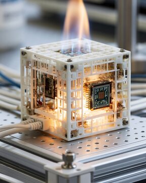 Side view of a thermalevaluation 3Dprinted prototype with embedded electronic components demonstrating heat dissipation performance in a controlled lab environment.