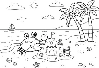 Beach scene coloring page crab sandcastle and palm trees for kids