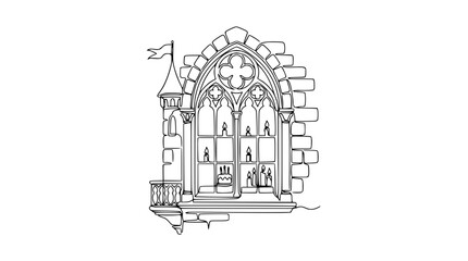 Gothic Window with Candles and Cake, Medieval Castle Architecture, Line Art Illustration © Atu