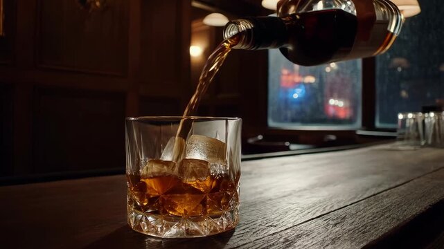 Slow zoom in shot of whiskey being poured into a crystal glass with ice at a dark bar