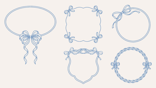 Ornamental ribbon frame designs with bows and braided borders in light blue on beige