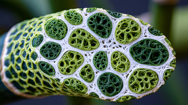 Bamboo culm interior cross-section reveals vascular bundles distributed through parenchyma tissue, each bundle containing xylem vessels and phloem sieve tubes embedded in sclerenchyma fiber sheaths,