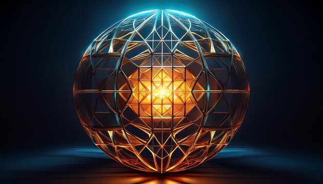 abstract geometric orb in a cage with glowing interior on dark backdrop