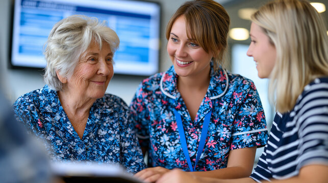 Care coordination nurse facilitating discharge planning session with elderly patient and adult daughter in hospital consultation room, digital care pathway visible on wall-mounted screen, afternoon 