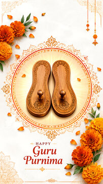 Decorative wooden paduka with marigold flowers celebrating guru purnima hindu religious festival featuring ornamental mandala sacred symbolism festive arrangement artwork