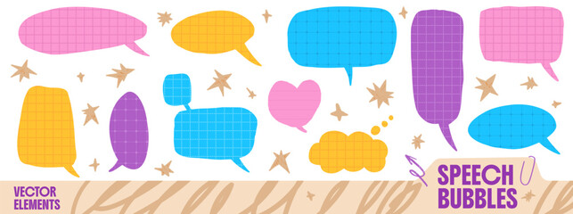 Dash and grid match paper speech bubble shapes with talk note pad and text frame. Yellow, blue dialogue clouds with stars. Vector speech bubbles set isolated on white background for promo testimony © Syuzann q