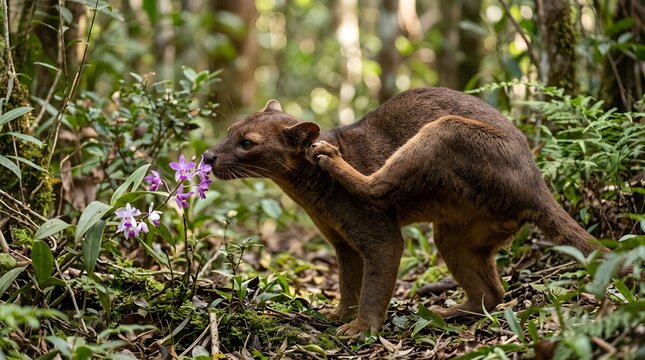 Fossa sniffing purple orchids in a lush tropical rainforest environment