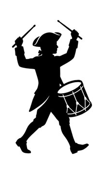 Black silhouette of a colonial soldier playing a drum with sticks in a marching pose isolated on transparent background, Vector
