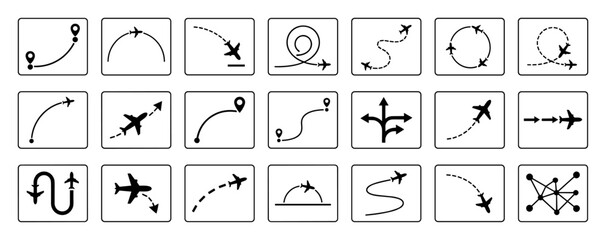 Set of airplane flight route icons depicting various path trajectories and directions in black and white on transparent background © Maksym