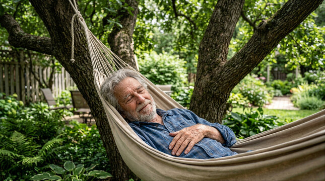 Senior man napping in a hammock under shady garden trees on a hot summer day