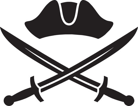 Black pirate hat icon with two crossed swords underneath as a nautical or adventure symbol for design projects isolated on transparent background, Vector