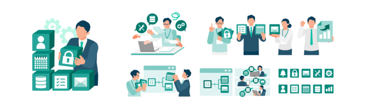 A comprehensive conceptual design bundle illustrating the evolution from legacy paper bottleneck challenges to successful low-code software creation, app integration, and corporate digitalization