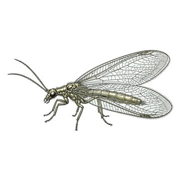 Vintage Hand Drawn Scientific Illustration of a Lacewing Flying Insect