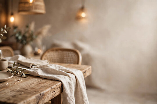 Warm Rustic Kitchen Table Background with Linen Cloth and Copy Space