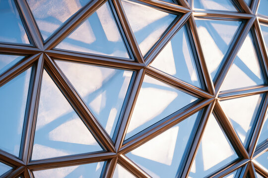 Architectural close-up of a geodesic planetarium roof with metallic struts and glass triangles, golden hour sunlight casting long shadows, macro lens, photorealistic, 8k, hyperdetailed