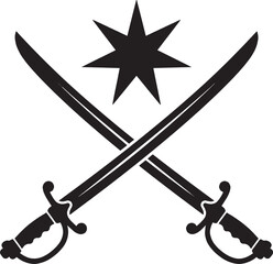 Fototapeta premium Black silhouette icon of two crossed swords with a star symbol above isolated on transparent background, Vector