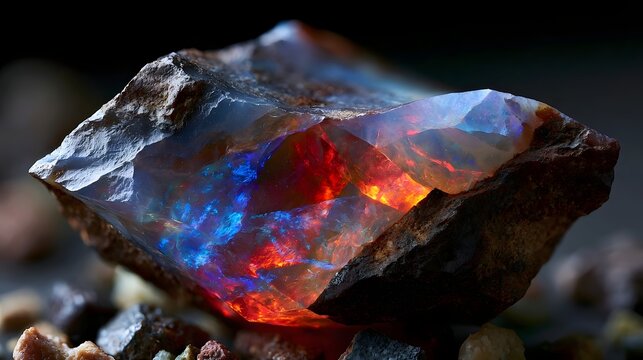 A raw boulder opal gemstone glowing with vibrant internal flashes of red and blue hues against a dark background