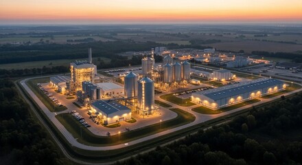 Fototapeta premium Illuminated Industrial Power Plant Complex at Dusk Aerial View