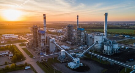 Fototapeta premium Imposing industrial power plant facility with towering smokestacks during a vibrant sunset, generating energy for the grid.