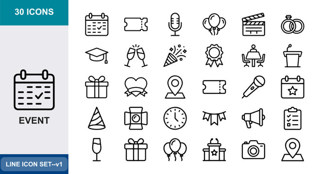 30 Event linear icon set calendar ticket microphone balloons, UI and web interface design