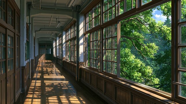 陽光が差し込む木造校舎の長い廊下