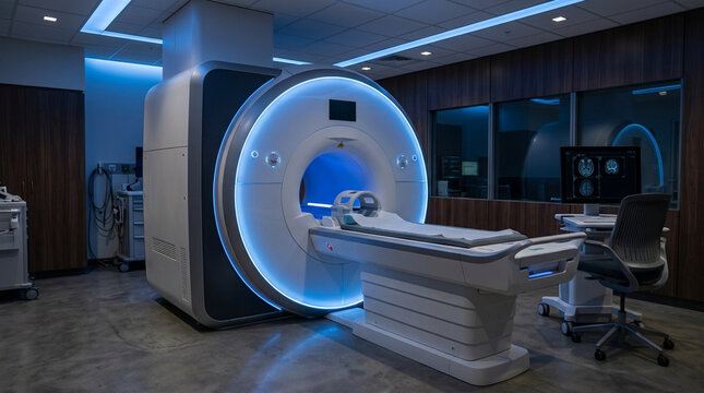 Modern MRI Scanner in Medical Diagnostic Room with Blue Lights