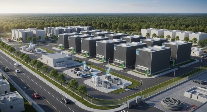 Massive hyperscale data center campus with modern server facilities and surrounding infrastructure