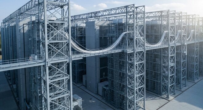 Massive hyperscale data center complex with intricate steel infrastructure and organized cable pathways for advanced connectivity