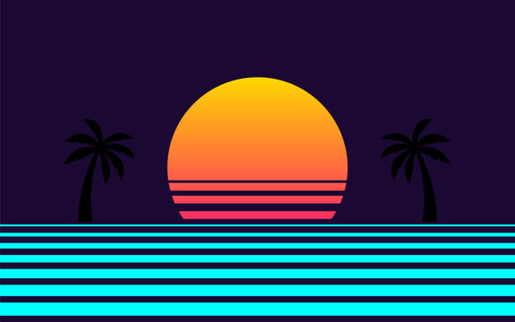 Retro synthwave sunset with palm trees and ocean grid synthwave vaporwave landscape eighties