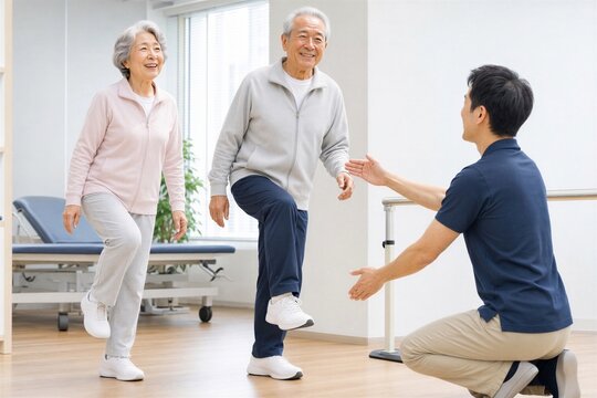 理学療法士の指導で片脚立ち訓練を行う日本人シニア夫婦