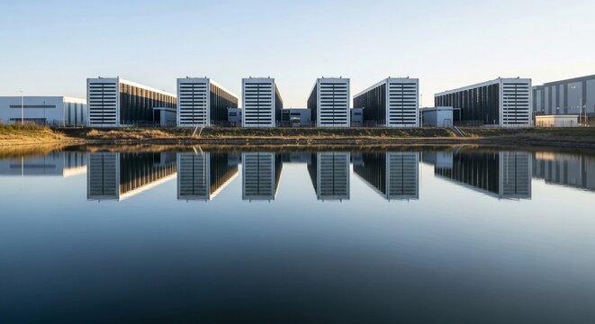 Modern hyperscale data center complex with striking reflection in still water under clear sky