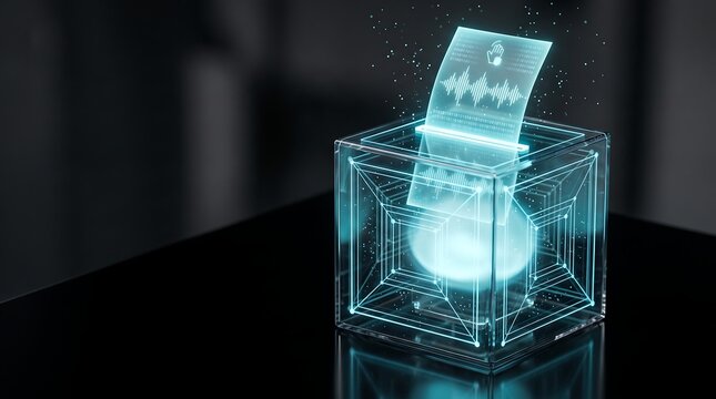 Futuristic digital voting box with glowing holographic ballot